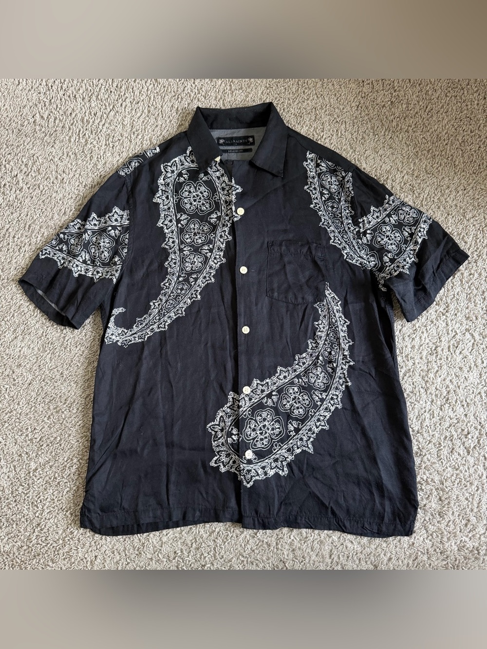 All Saints Paisley Print Viscose Short Sleeve Button Up Shirt